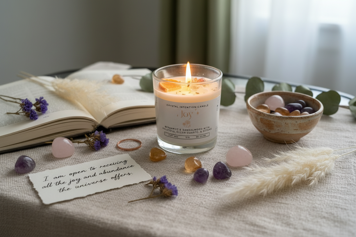 Joy Intention Candle by Jewellery by JN styled with journal, affirmation card, dried flowers, and ritual objects on earthy background.
