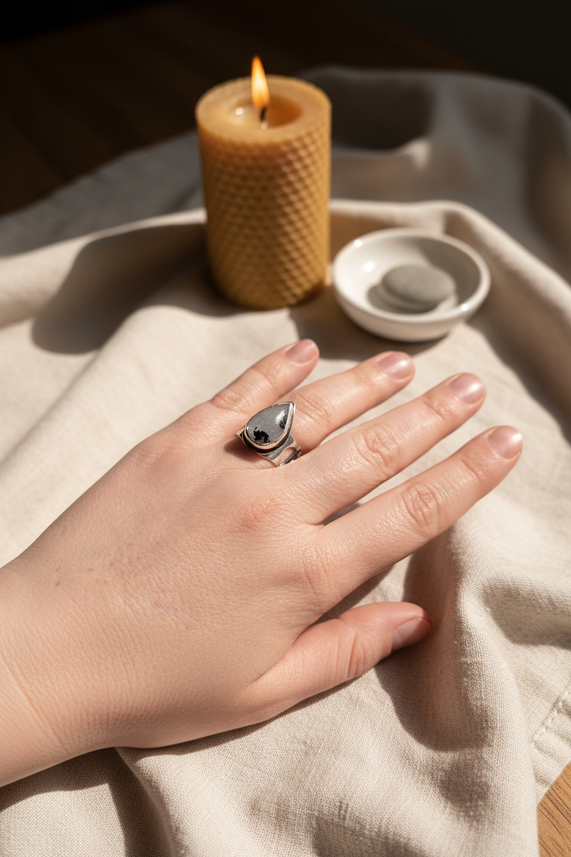 Hand wearing a ring with a candle and small dish in the background