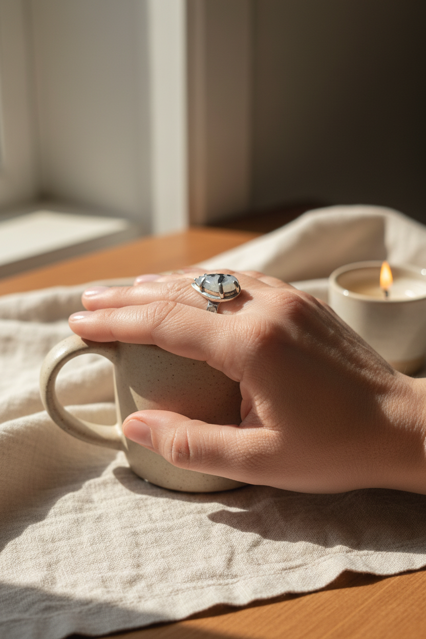 Hand holding a mug with a ring on a wooden surface with a candle in the background