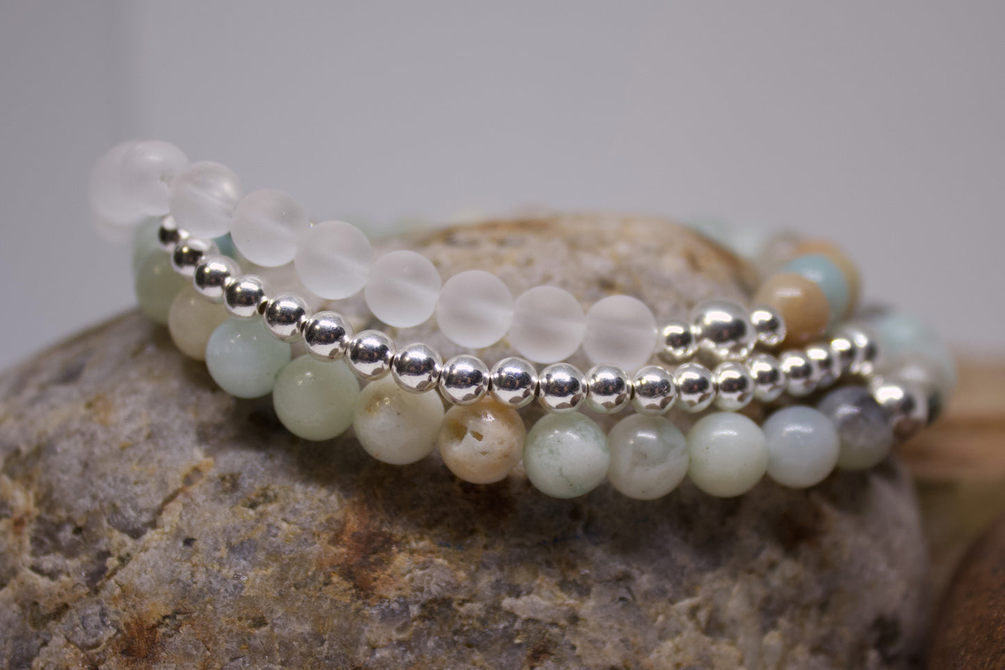 Tranquil Clarity – 6mm Matte Crystal Quartz, Amazonite & Sterling Silver Bracelet
