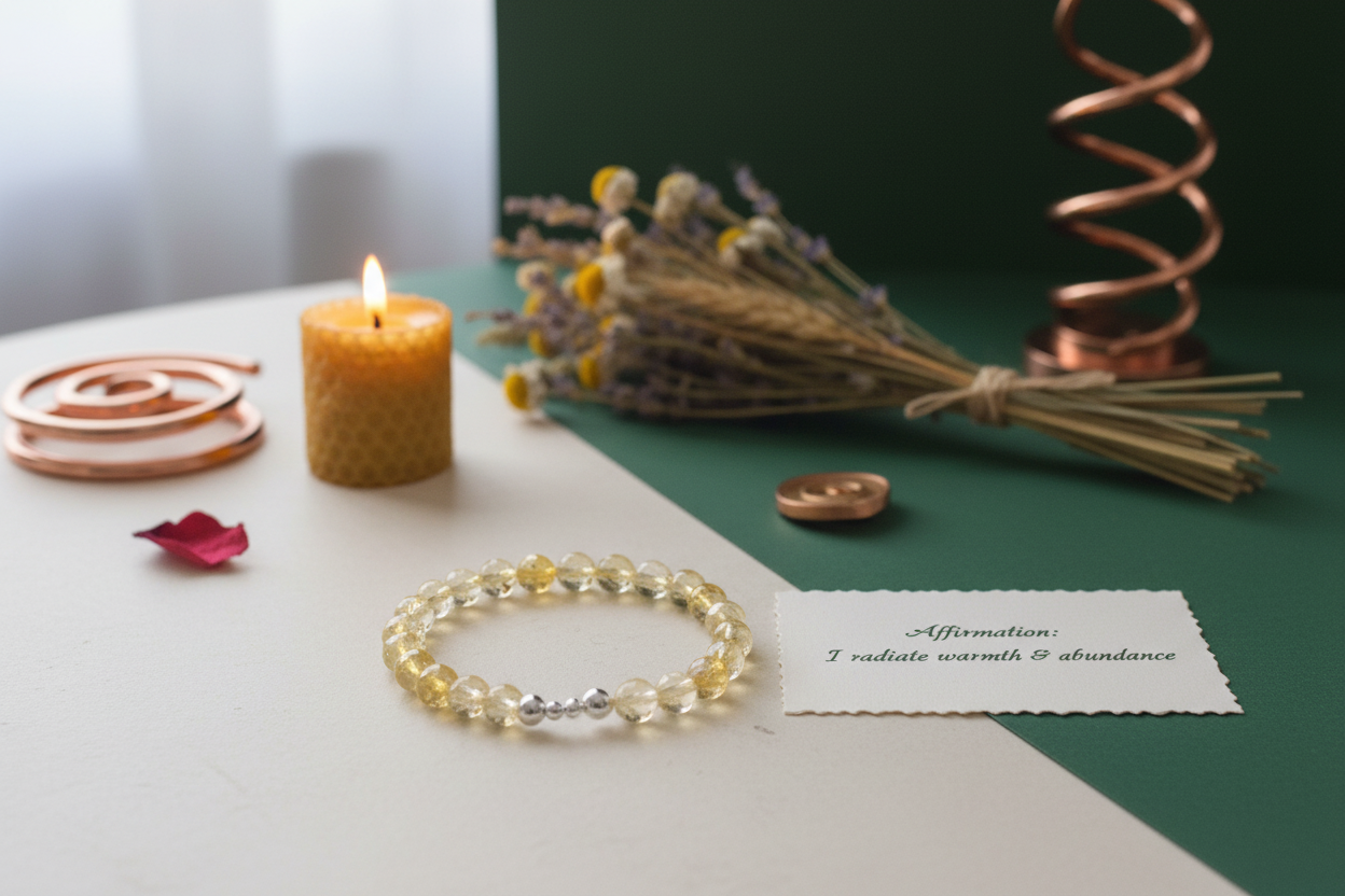 Bracelet on a surface with a candle, flowers, and a card in the background