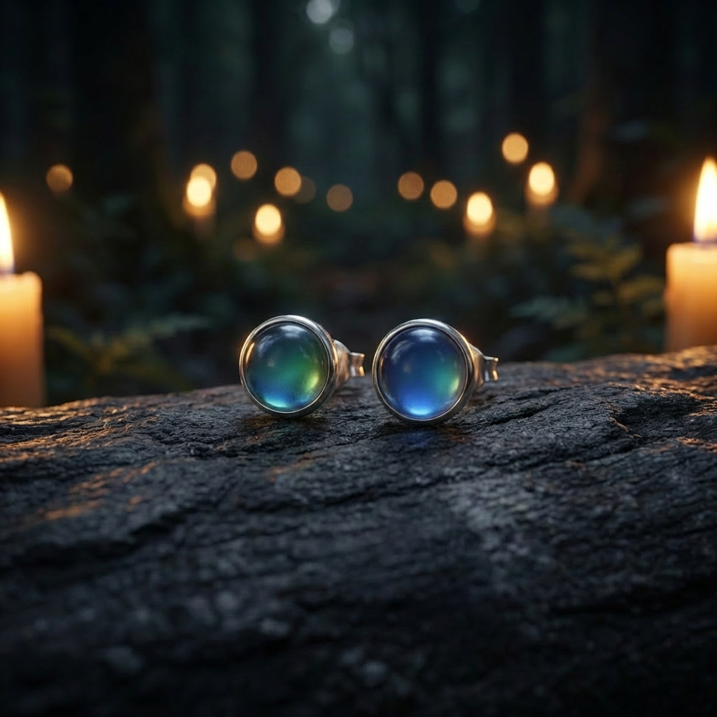 Pair of earrings with gemstones on a dark surface with candles in the background