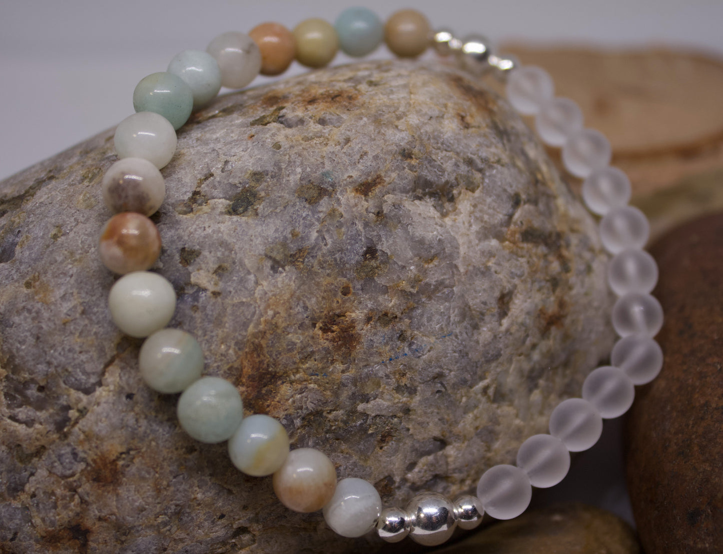 Tranquil Clarity – 6mm Matte Crystal Quartz, Amazonite & Sterling Silver Bracelet