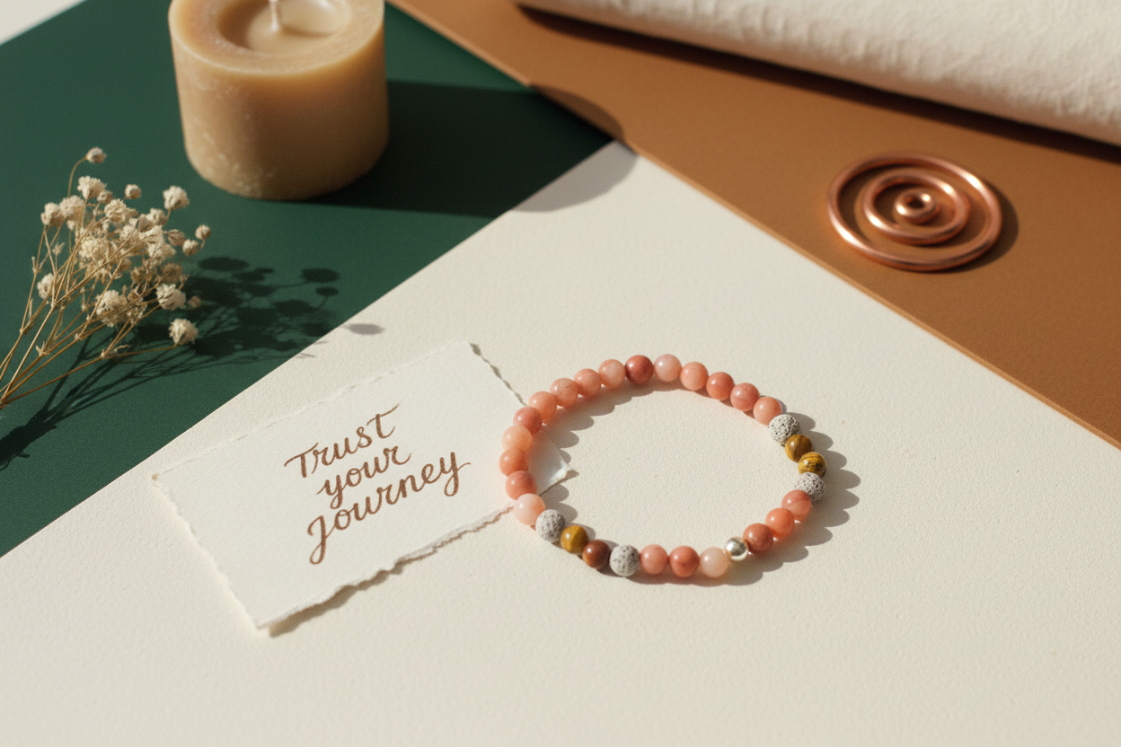 Beaded bracelet on a card with 'Trust Your Journey' text, next to a candle and dried flowers.
