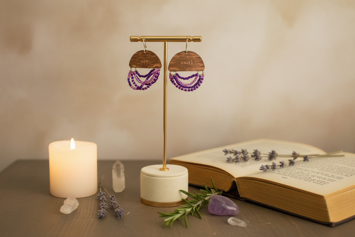 Mini Wordkeeper Earrings Got This styled with ritual props, featuring copper, purple, pink, and silver seed beads, and sterling silver, Jewellery by JN.