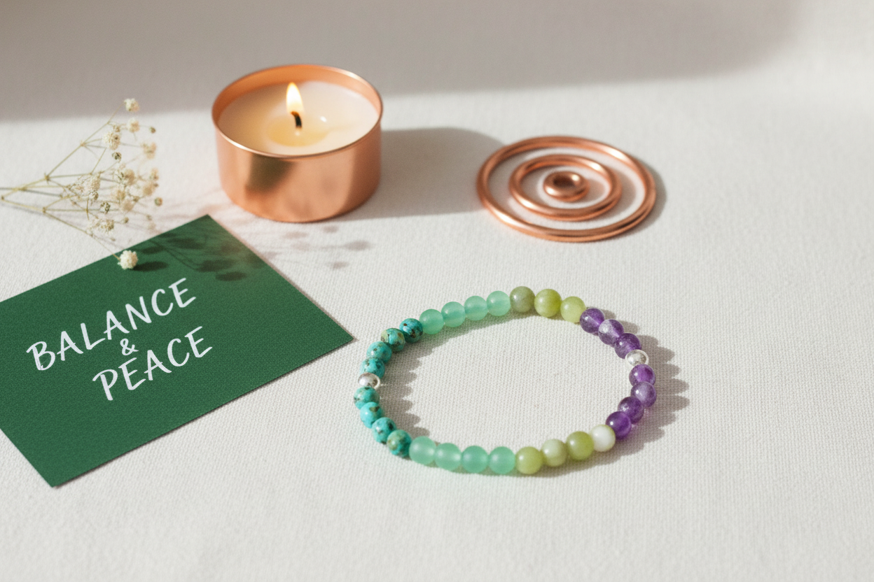 Bracelet with beads, candle, and 'Balance & Peace' card on a white surface