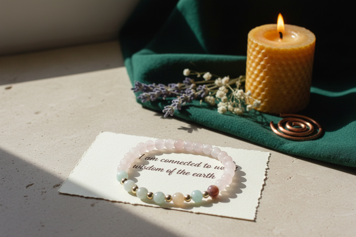 Beaded bracelet on a card with a candle and flowers in the background