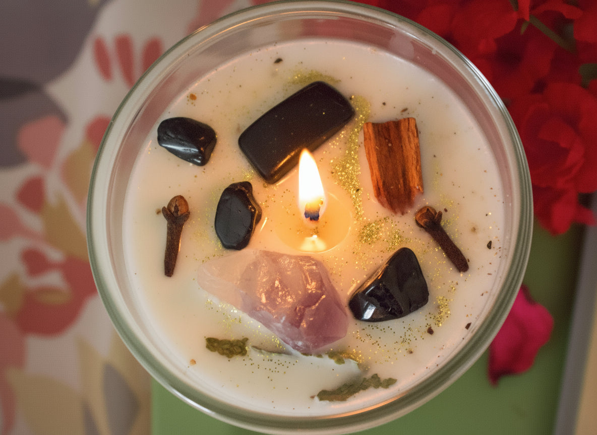 Protection Intention Candle by Jewellery by JN, hand-poured, Palo Santo, black tourmaline, obsidian, amethyst, cinnamon, clove, cedar, black pepper, gold glitter
