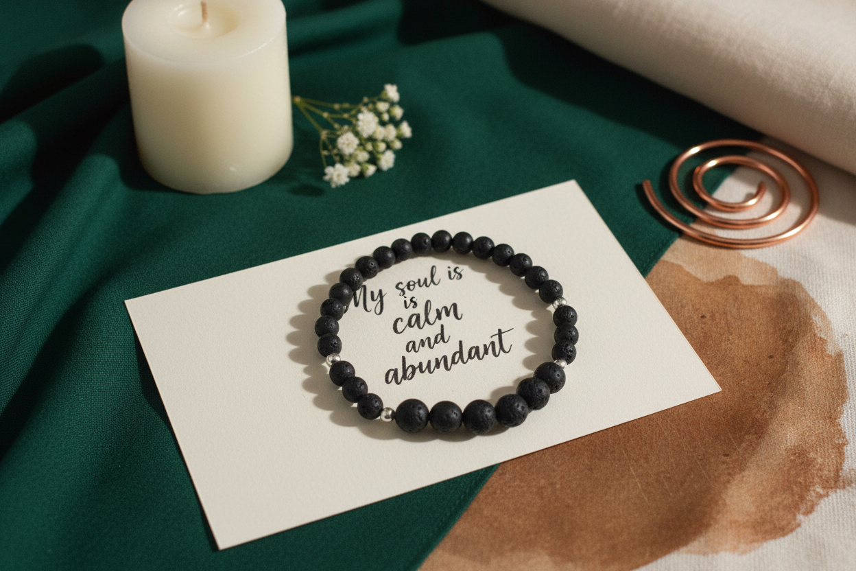 Black beaded bracelet with inspirational message on a card, placed on a textured surface with a candle and flowers.