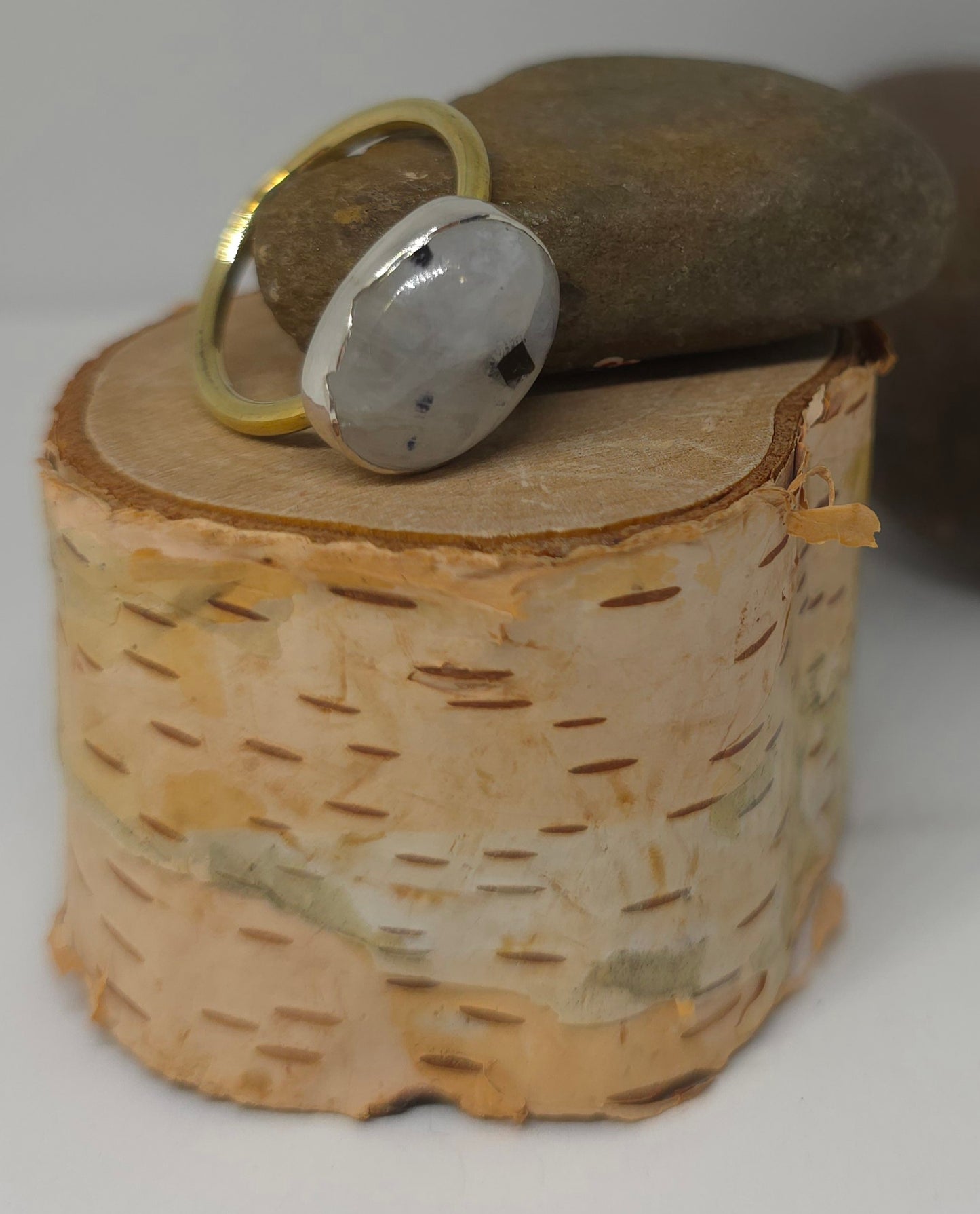 Celestial Harmony – Rainbow Moonstone & Tourmaline Ring Size 10/10.25