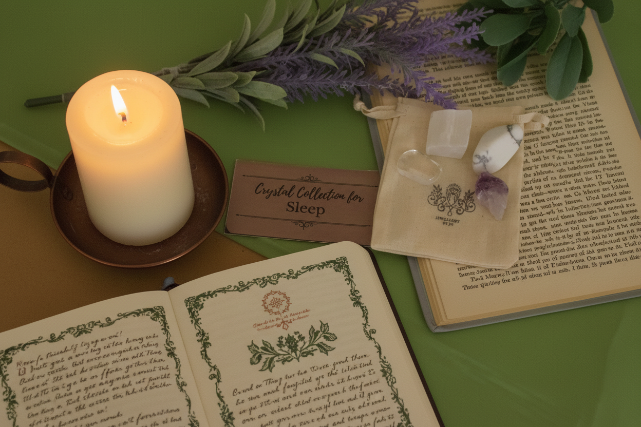 Sleep Gemstone Bag by Jewellery by JN styled with journal, affirmation card, beeswax candle, and dried flowers on earthy background