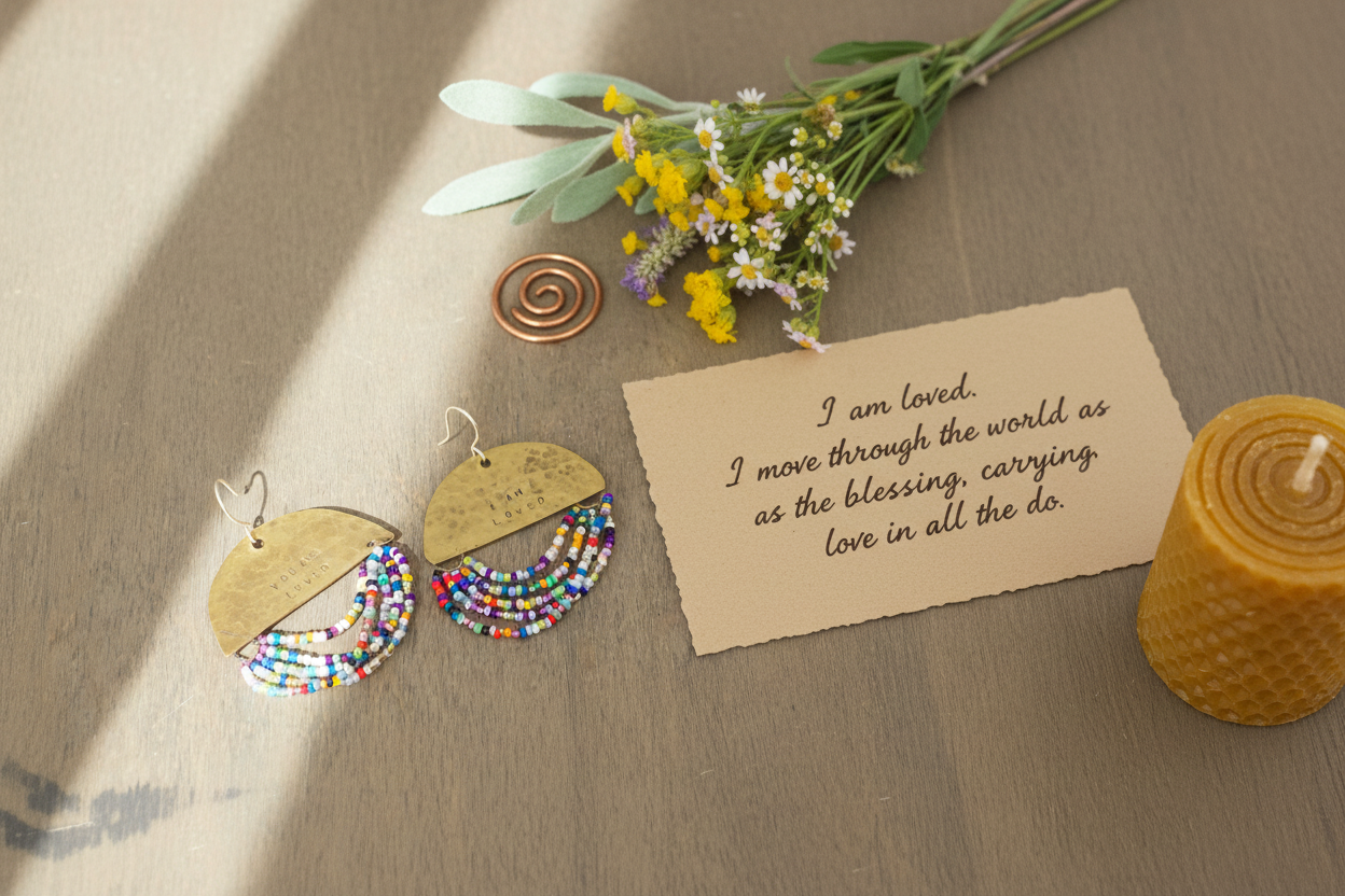 Half Moon Wordkeeper Earrings Loved by Jewellery by JN with a handwritten affirmation card and ritual props on an earthy background.