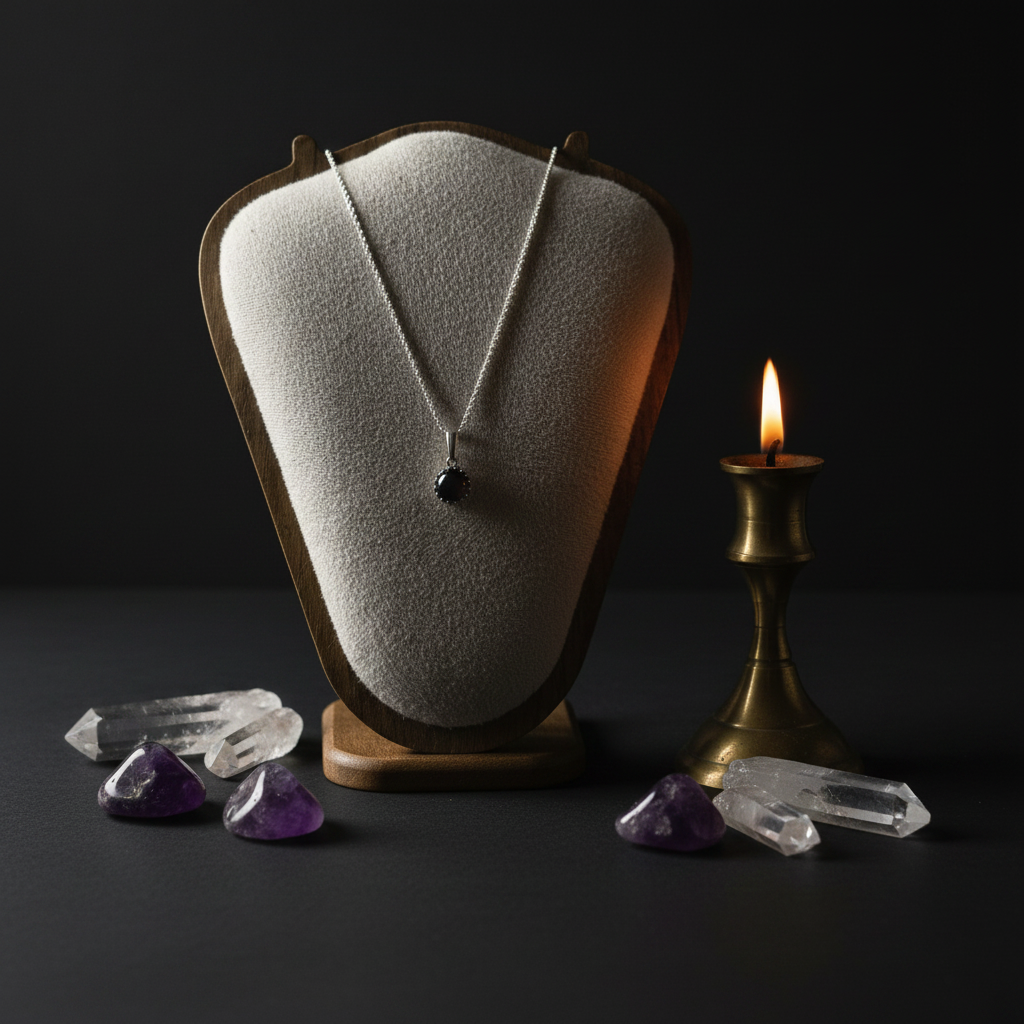Colour-shifting mood stone ring resting on dark moss and ferns, surrounded by soft candlelight in a forest setting