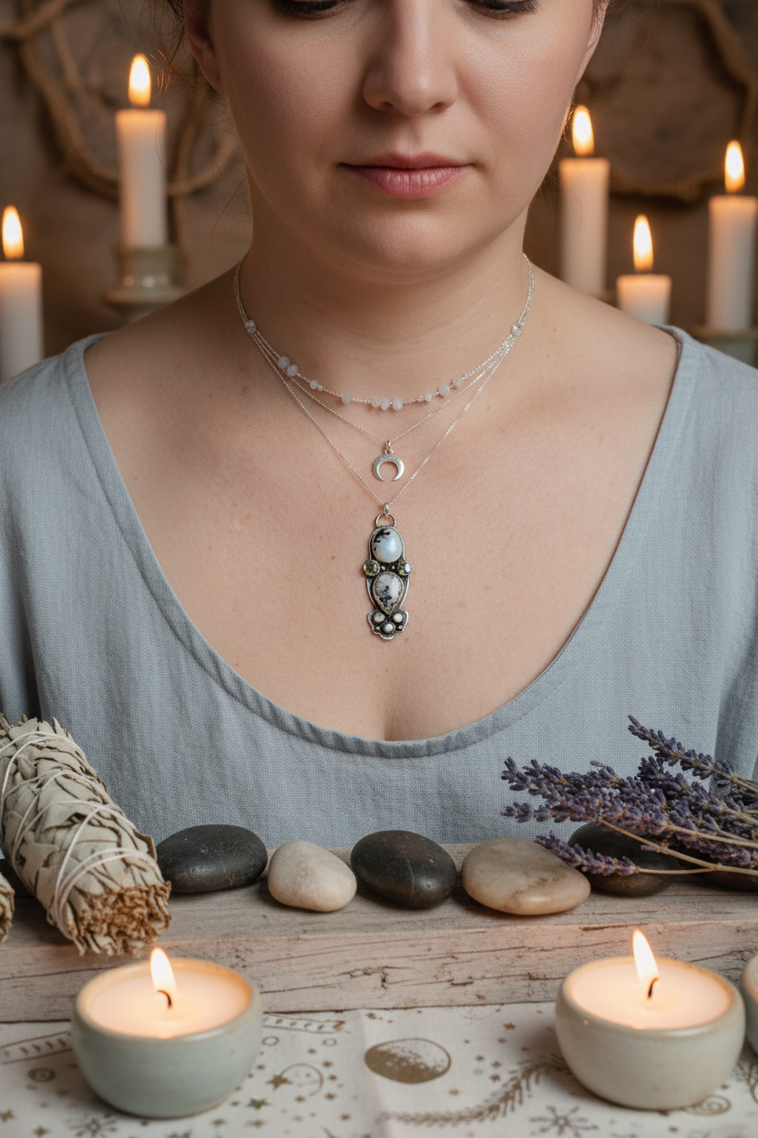 Mirror of Worth Pendant styled with ritual props, featuring labradorite, copper, brass, and silver, Jewellery by JN.