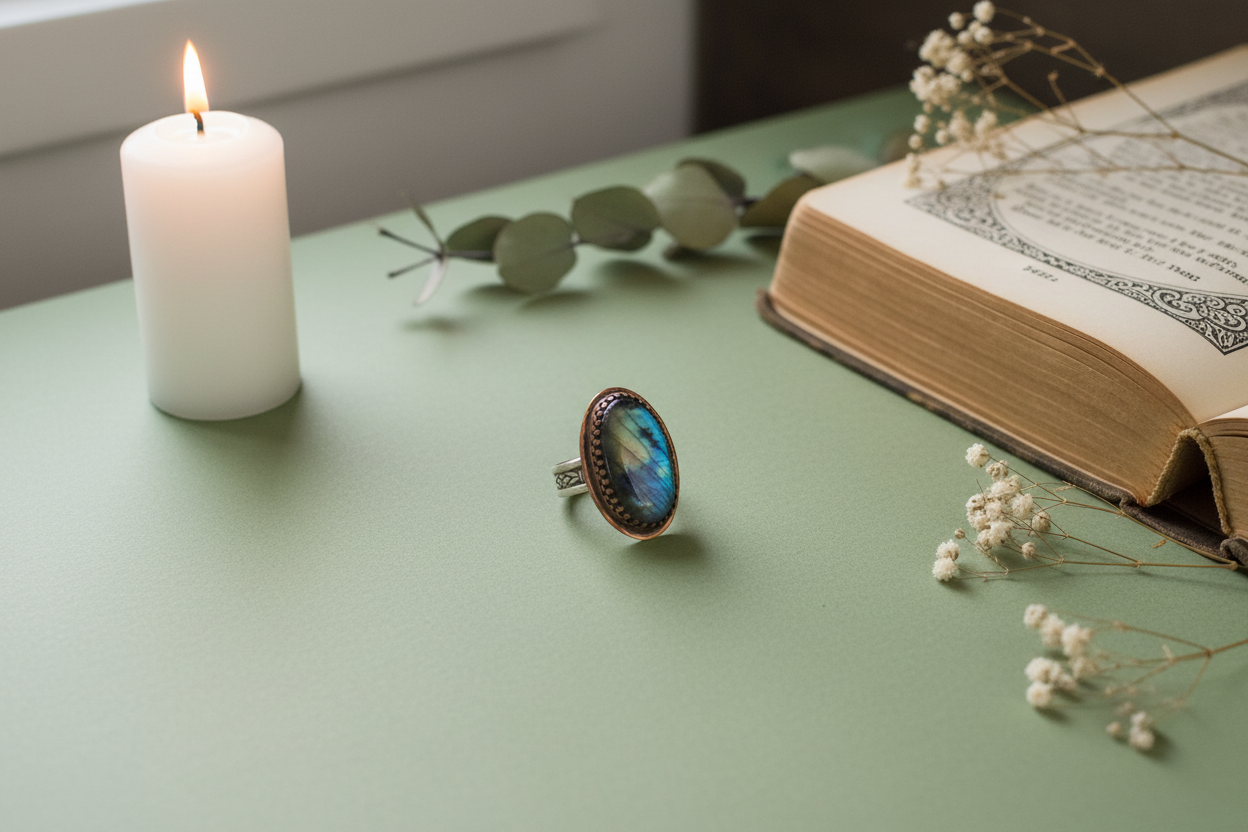Portal Ring styled with ritual props, featuring labradorite, copper, and silver, Jewellery by JN.