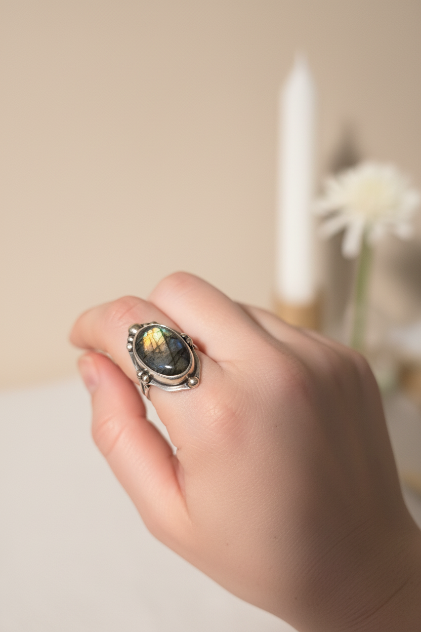 Portal Ring styled with ritual props, featuring labradorite, copper, and silver, Jewellery by JN.