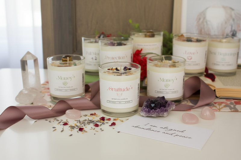 Intention Candles collection showcasing all the candles with a neutral background