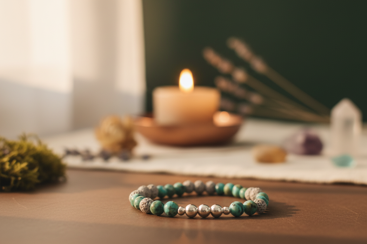 Wayfinder Bracelet by Jewellery by JN, featuring African turquoise, grey lava rock, and sterling silver beads, styled on a wooden surface with a lit candle and ritual props in the background.
