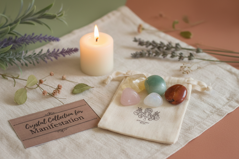 Manifestation Gemstone Bag by Jewellery by JN, recycled cotton pouch with tumbled Citrine, Carnelian, Green Aventurine, and Clear Quartz, displayed on creamy linen with ritual props.