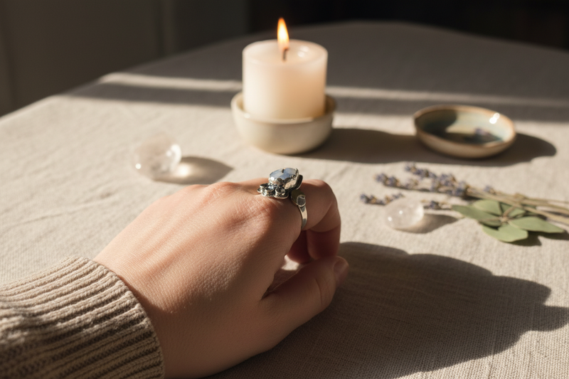 Moonwell Ritual Ring styled with ritual props, featuring labradorite and hand-forged silver, Jewellery by JN.