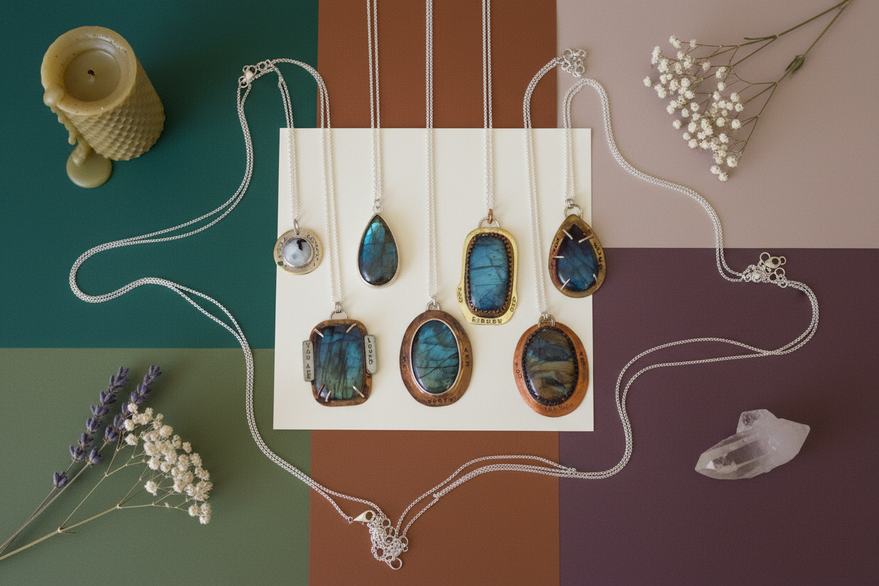 Show casing hand forged, hand stamped necklaces made with mixed metals and labradorite