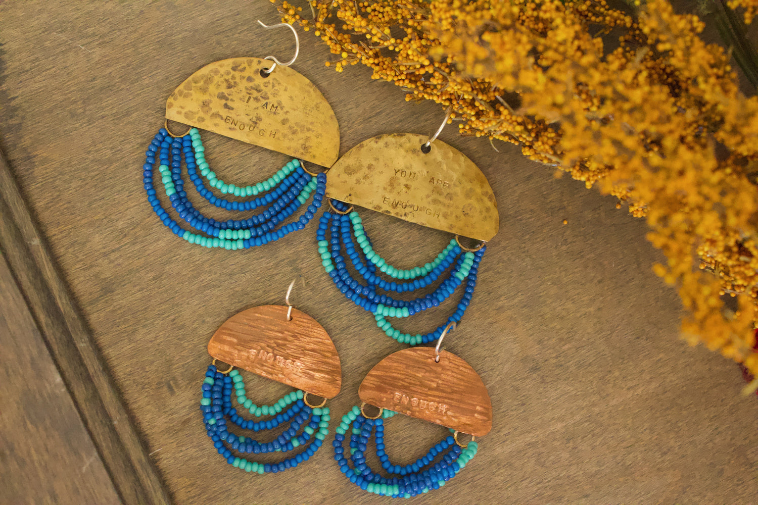 Handmade ritual earrings and Mini Wordkeeper studs with brass and beadwork – Jewellery by JN