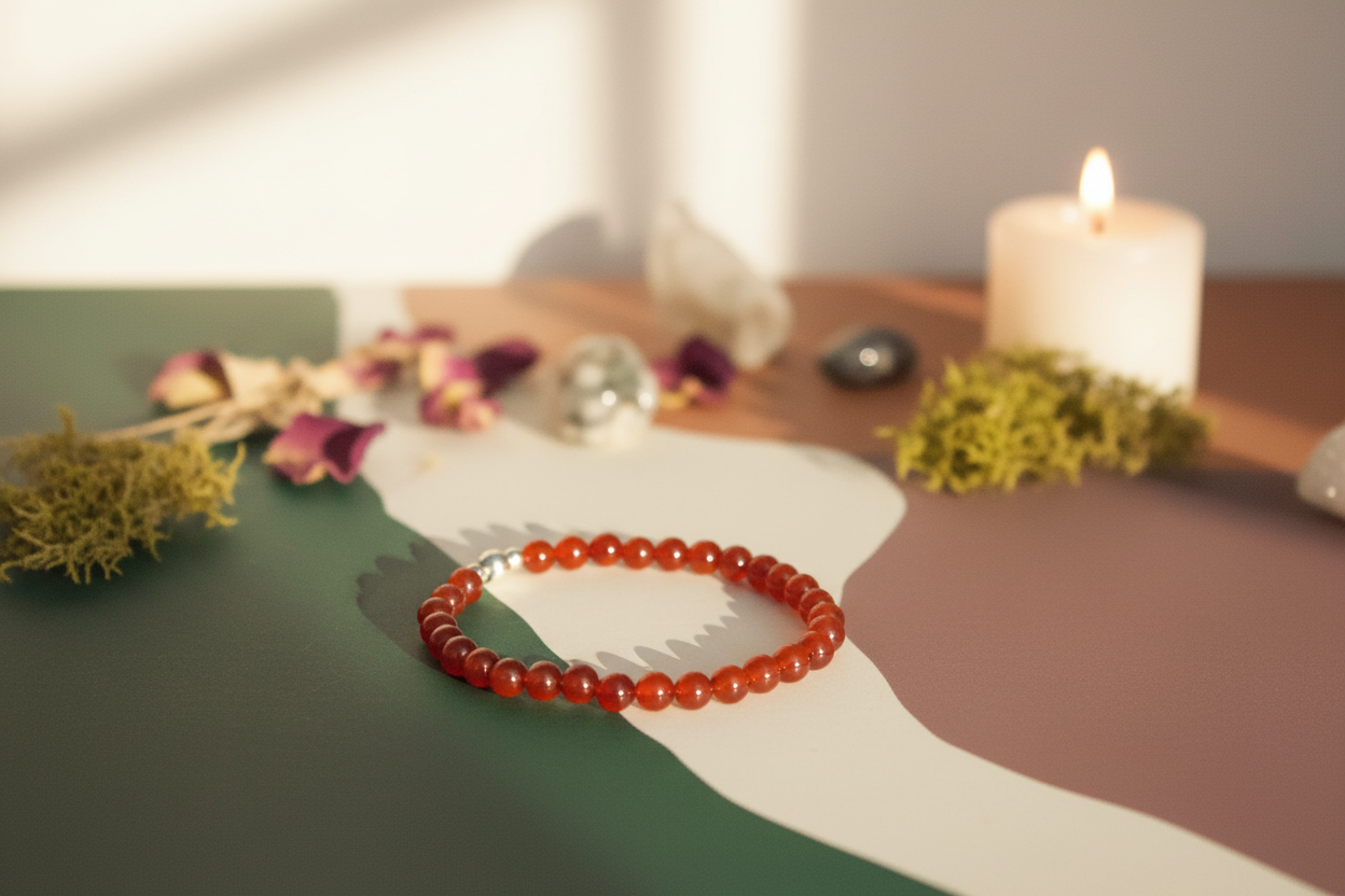 Red beaded bracelet on a white surface with a blurred background featuring a candle and flowers.