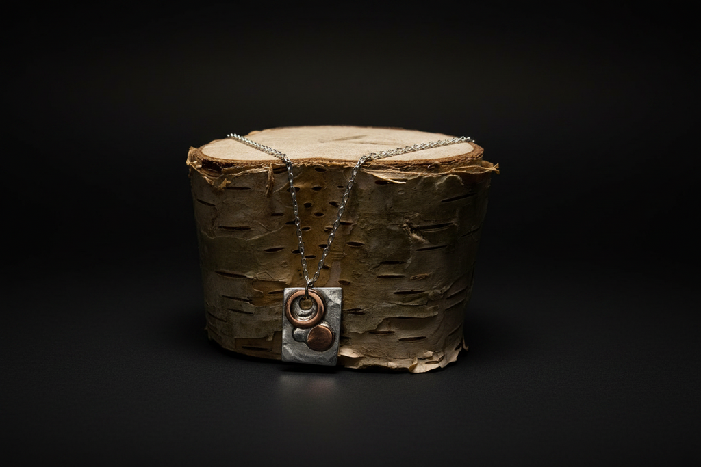 A handmade pendant necklace with a hammered silver rectangular plate, a copper ring, and a copper sphere, draped over a birch log on a black background.