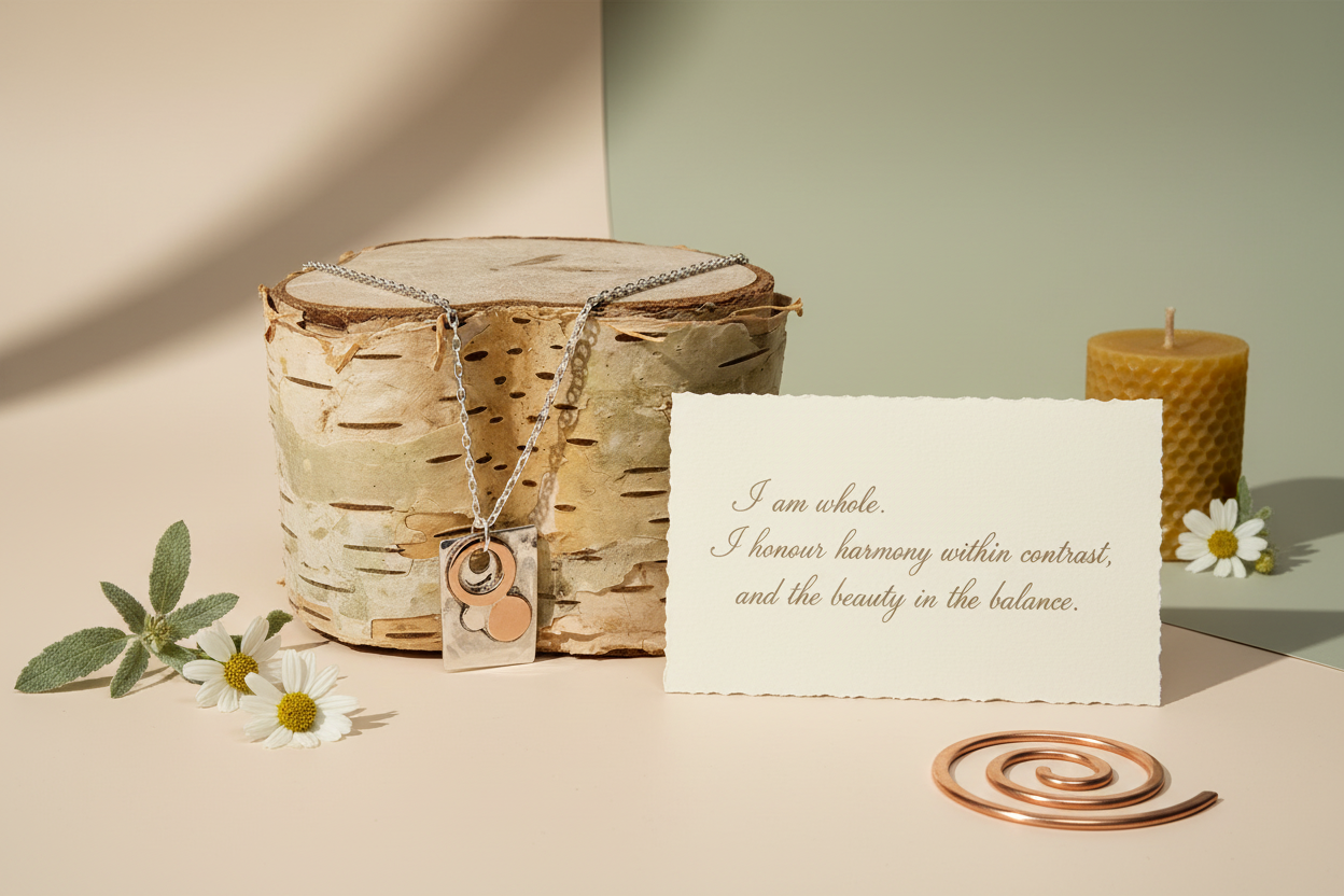 Elemental Balance Necklace by Jewellery by JN with handwritten affirmation card and ritual props on a creamy background.