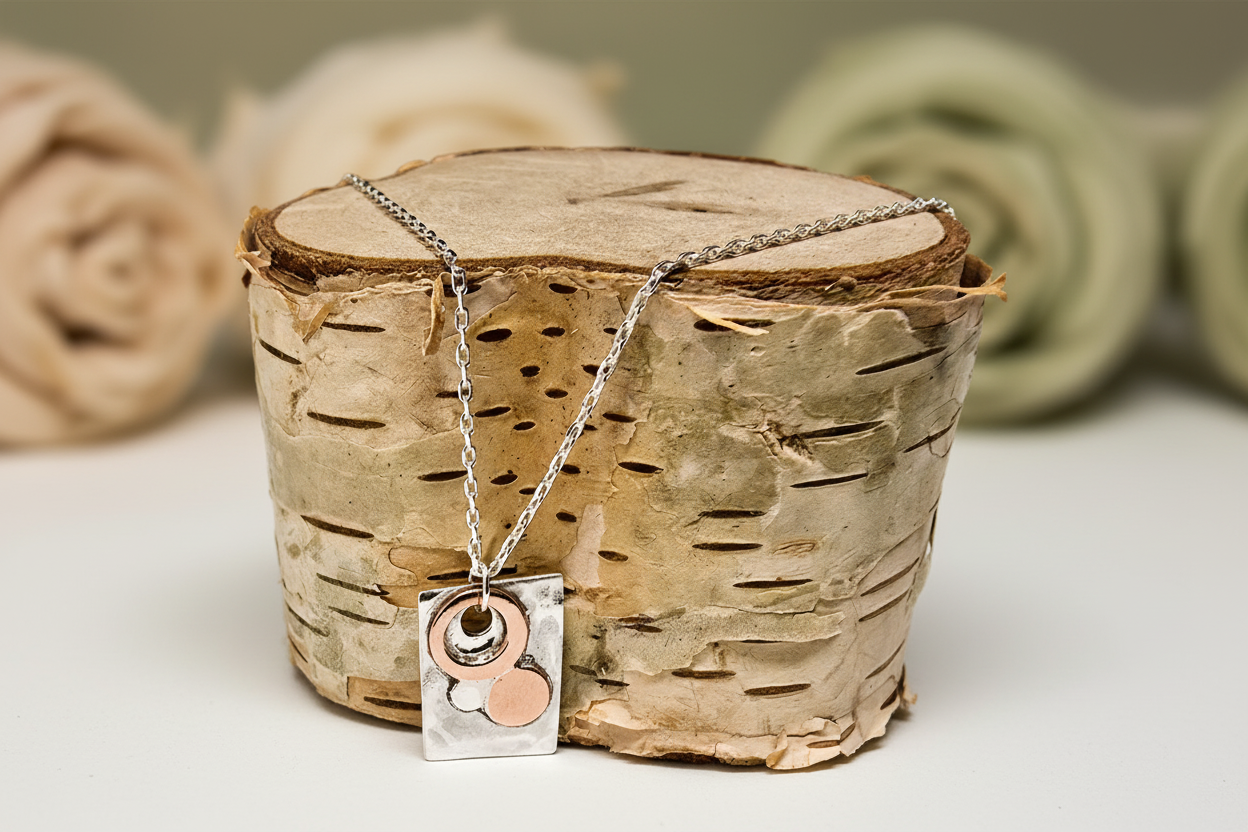 Close-up of Elemental Balance Necklace by Jewellery by JN, showing hammered finish and layered copper and silver accents.