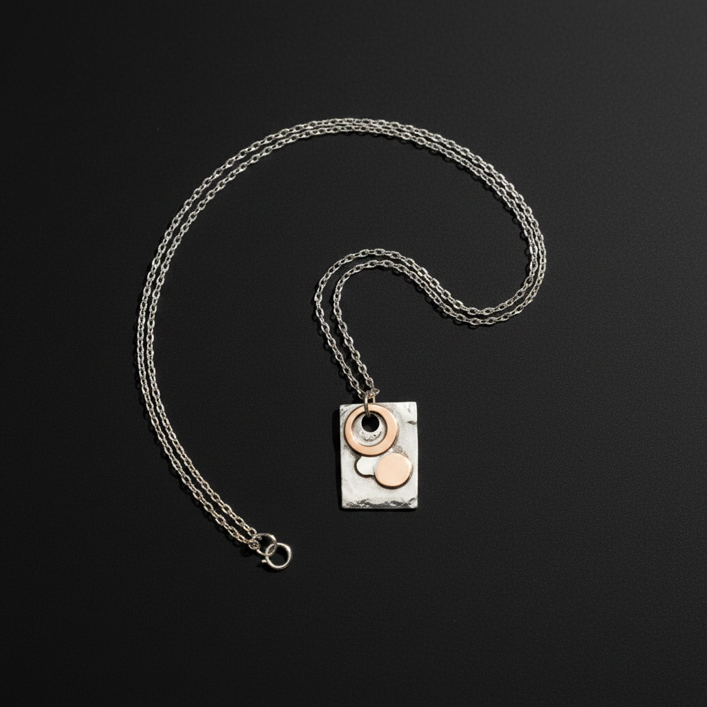 A silver chain necklace with a rectangular silver pendant featuring a hammered finish, adorned with three circular elements in silver, rose gold, and white, displayed on a dark background.