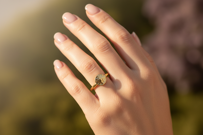 Woman’s hand wearing Golden Orbit Brass Ring by Jewellery by JN, warm brass band and hammered disc glowing in natural light.