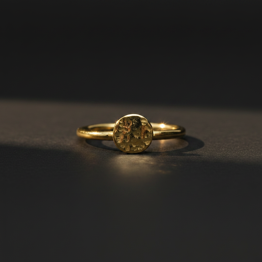 A gold ring with a textured, hammered circular face, resting on a dark, reflective surface under dramatic lighting.
