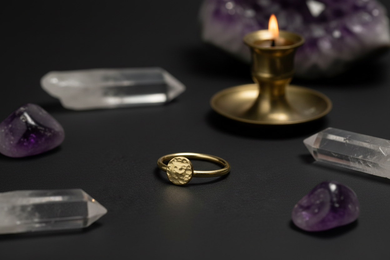 A gold ring with a textured circular face is displayed on a dark surface, surrounded by clear and purple crystals, a brass candle holder with a lit flame, and an amethyst cluster in the background.