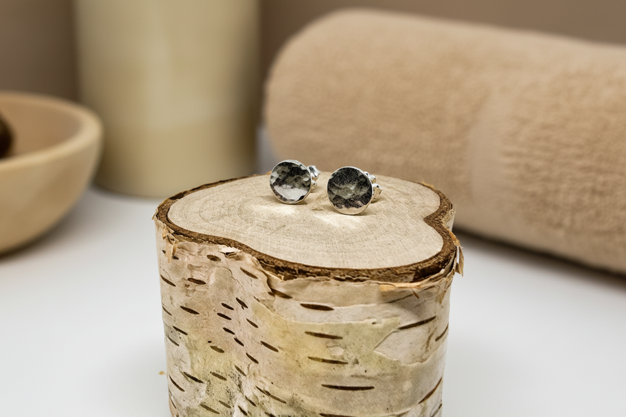 Close-up of Eclipse Radiance Studs by Jewellery by JN, highlighting hammered texture and silver shine.
