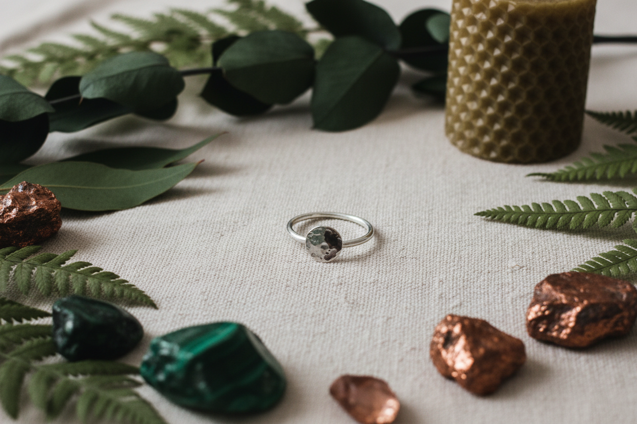 Eclipse Ring Size Inclusive by Jewellery by JN, hand-forged sterling silver with lightly hammered disc, shown on creamy linen with ritual props in brand colours.