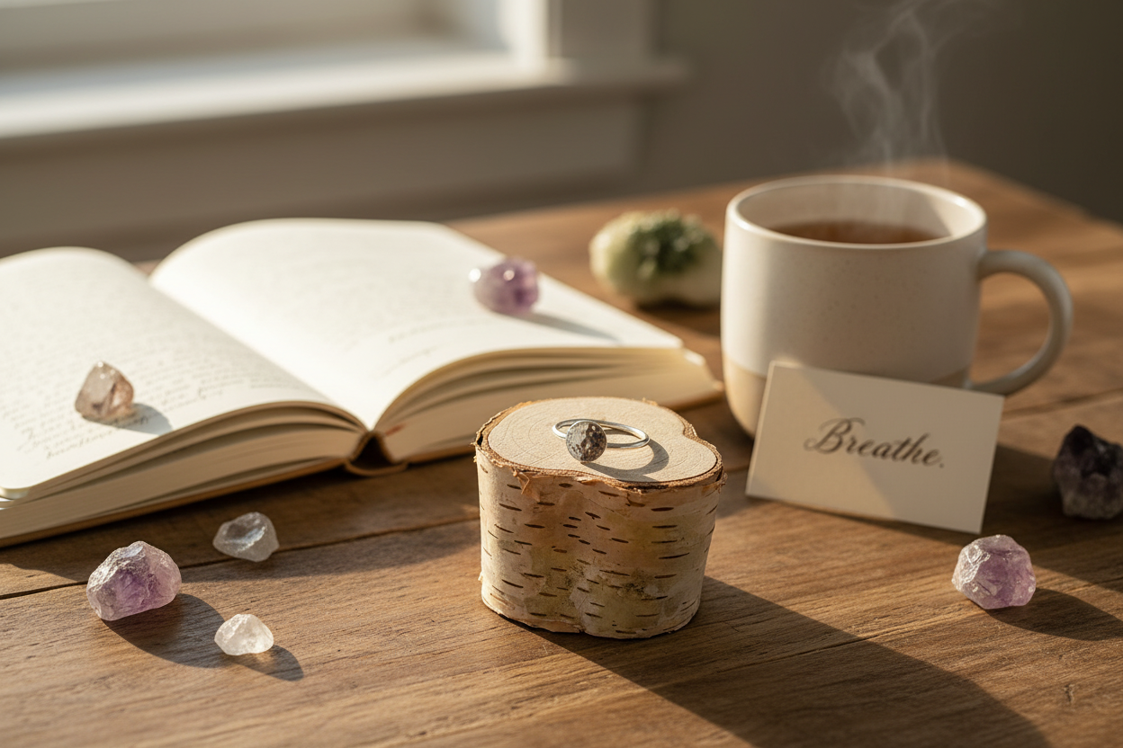 Eclipse Ring Size Inclusive styled with journal, beeswax candle, and dried flowers, earthy and soulful, Jewellery by JN.