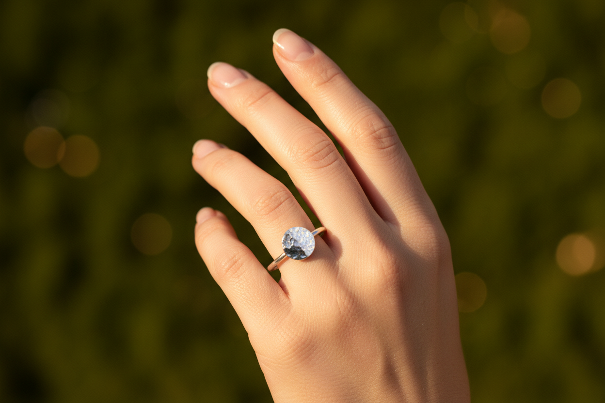 Woman’s hand wearing Eclipse Ring Size Inclusive by Jewellery by JN, sterling silver band and hammered disc glowing in natural light.
