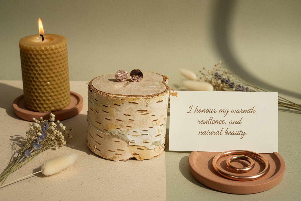 Copper Glow Studs by Jewellery by JN with a handwritten affirmation card and ritual props on an earthy background.