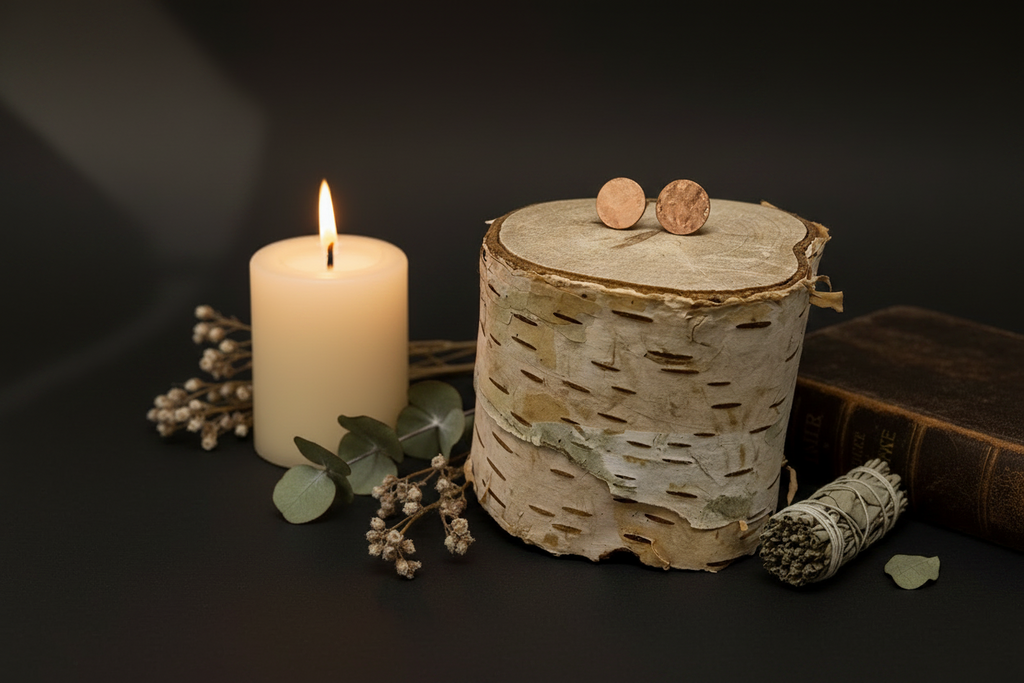A styled still life featuring a lit white pillar candle, a birch log slice with two small wooden beads on top, dried flowers, a sage bundle, and a dark book against a dark background.