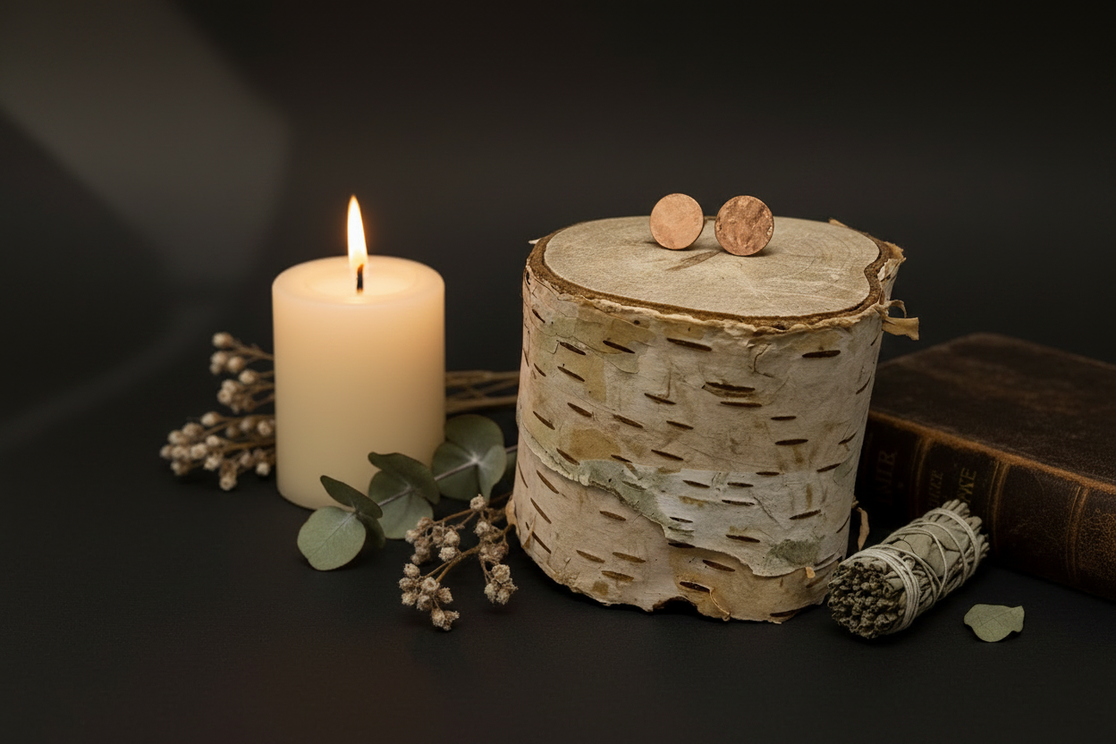 A styled still life featuring a lit white pillar candle, a birch log slice with two small wooden beads on top, dried flowers, a sage bundle, and a dark book against a dark background.