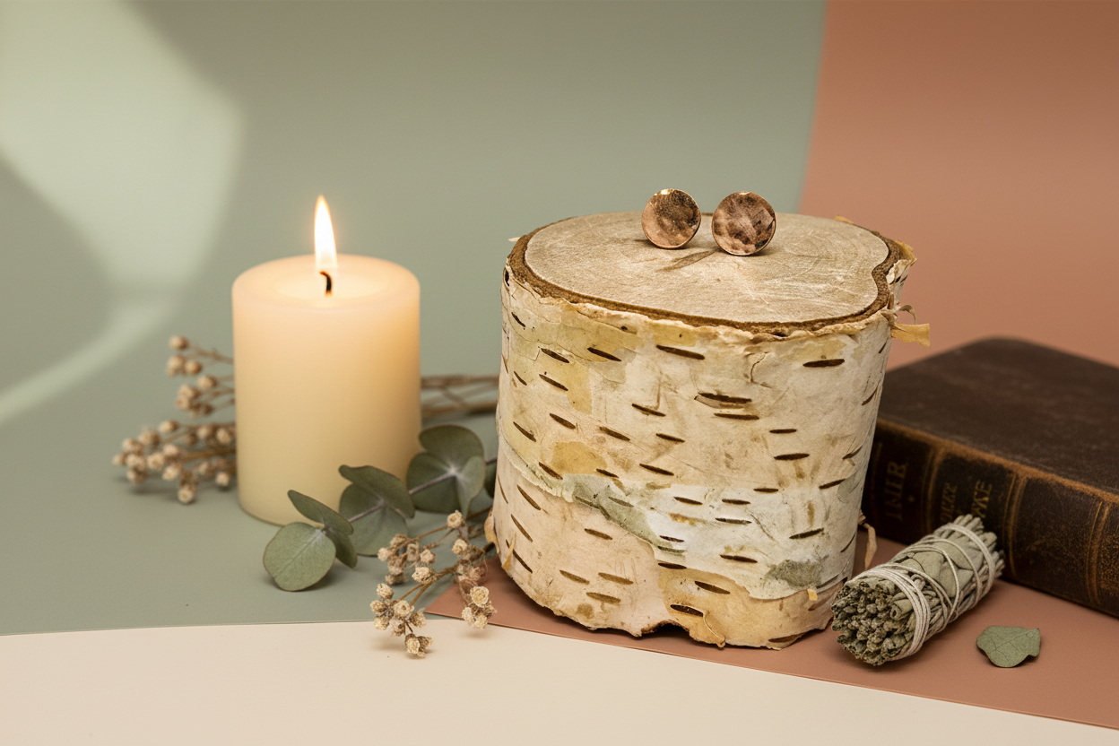 Copper Glow Studs styled with ritual props such as a beeswax candle and wildflowers, featuring hammered copper and silver, Jewellery by JN.