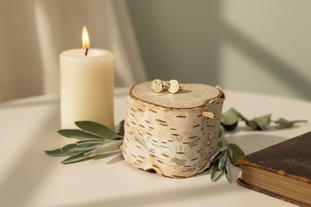Golden Charm Studs styled with ritual props such as a beeswax candle and wildflowers, featuring hammered brass and silver, Jewellery by JN."