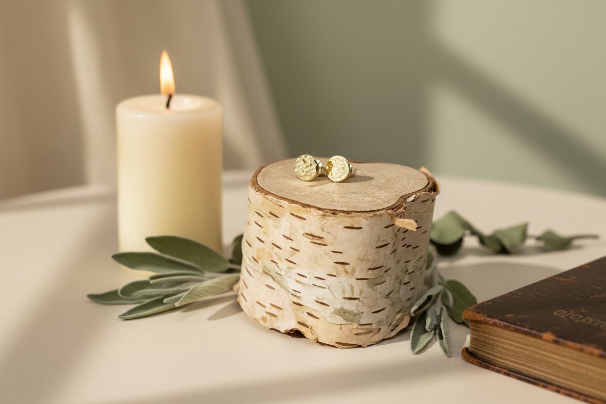 Golden Charm Studs styled with ritual props such as a beeswax candle and wildflowers, featuring hammered brass and silver, Jewellery by JN."
