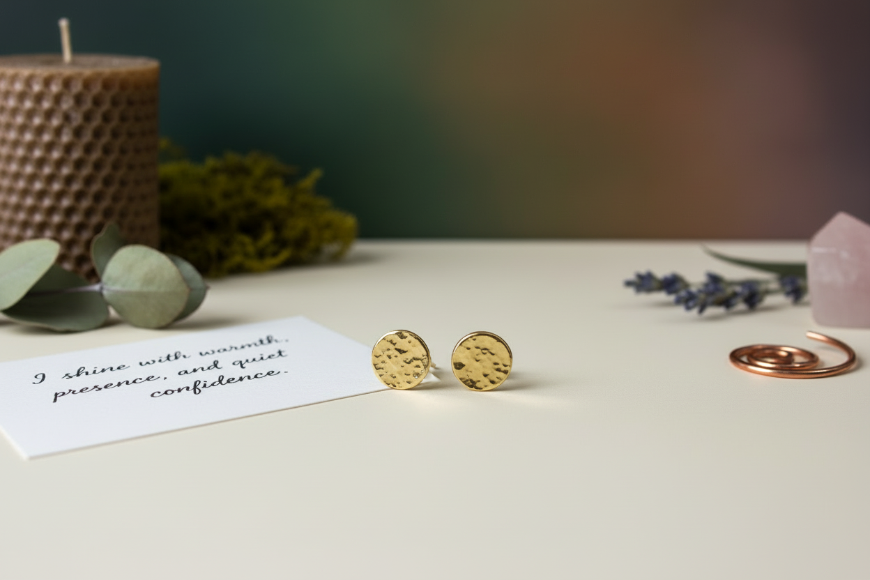 Golden Charm Studs by Jewellery by JN in branded packaging with a handwritten affirmation card and ritual props on an earthy background.