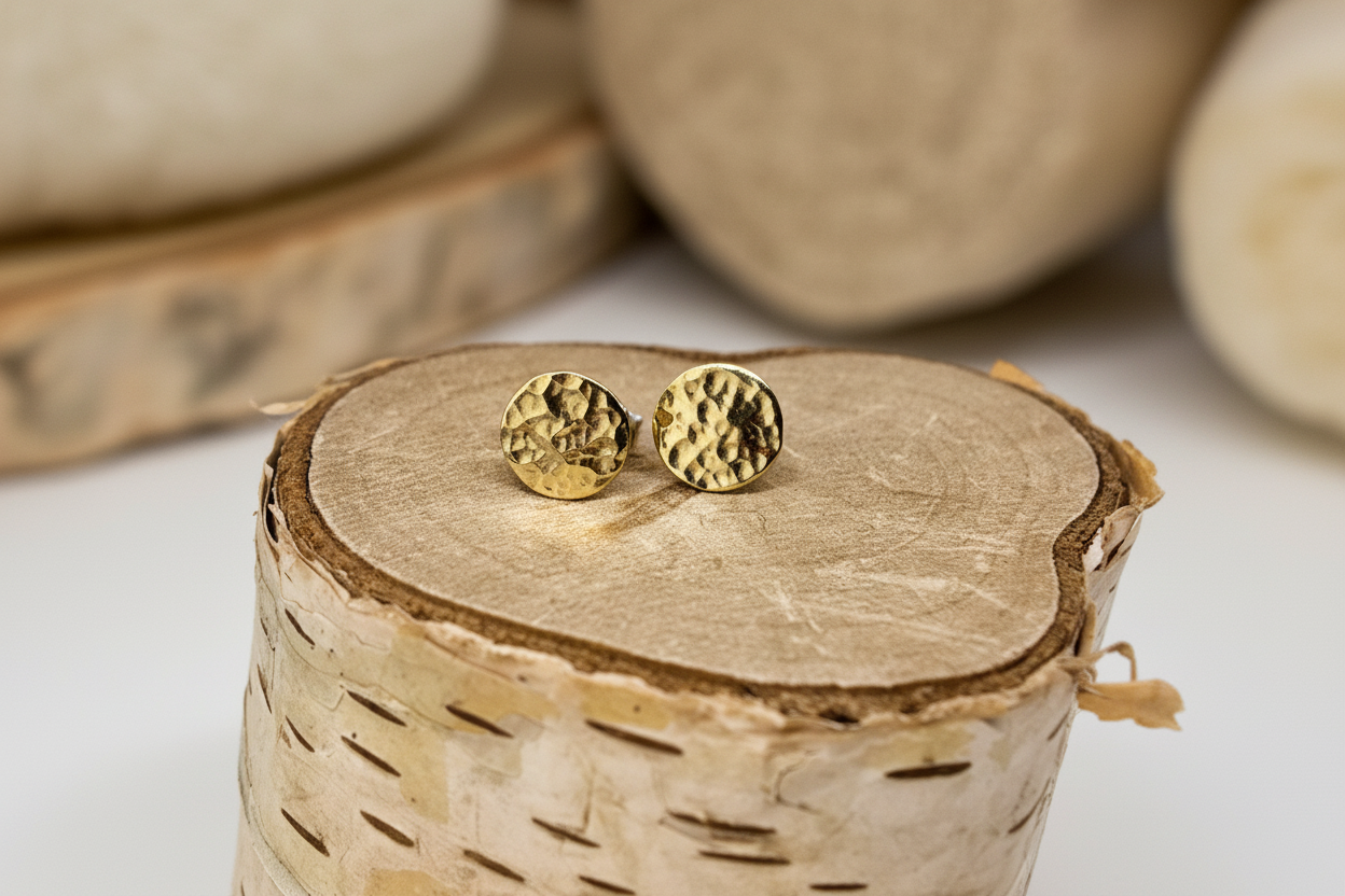 close-up of Golden Charm Studs by Jewellery by JN, highlighting hammered brass and silver post detail.