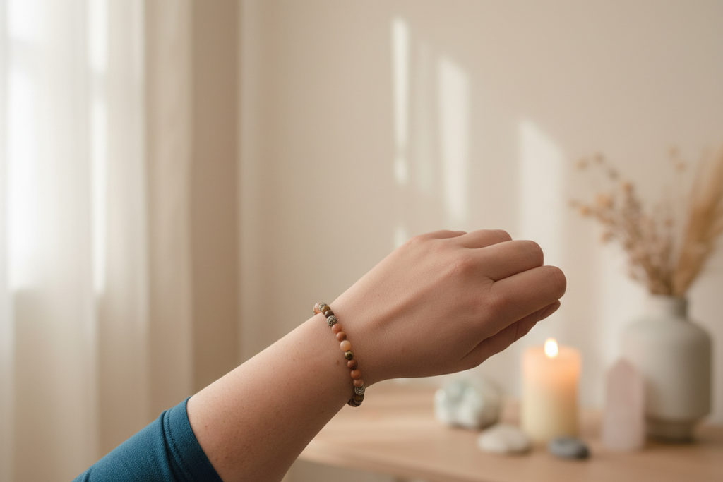 Hand wearing a beaded bracelet with a blurred background of a candle and decorative items.