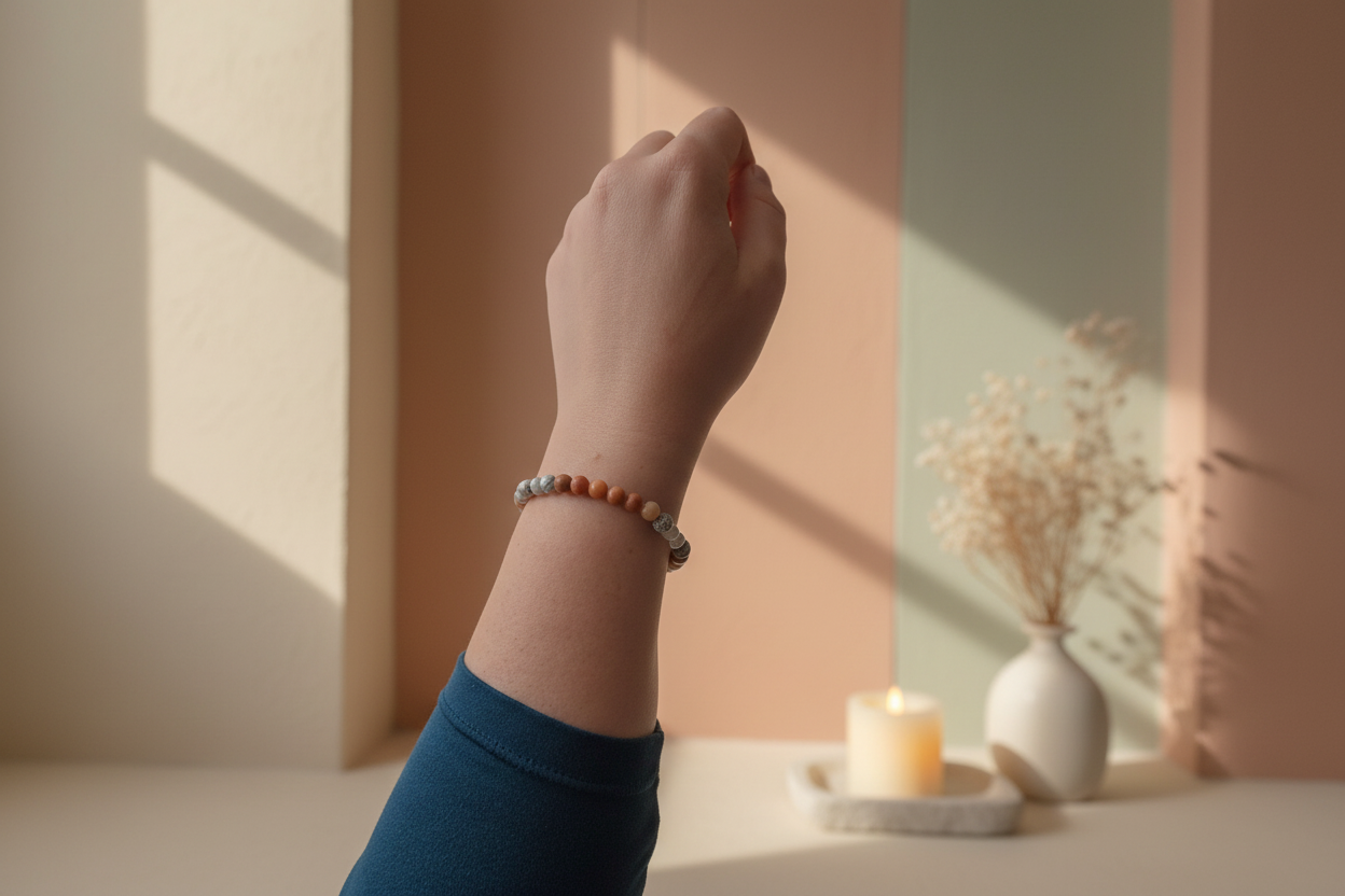 Woman’s wrist wearing the Veilbalance Bracelet by Jewellery by JN, with howlite, peach aventurine, matte clear quartz, grey volcanic rock, and a central sterling silver bead.