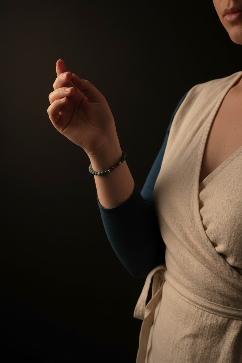 A close-up of a person wearing a dark green beaded bracelet on one wrist, paired with a cream-colored wrap dress over a dark blue top, set against a solid black background.