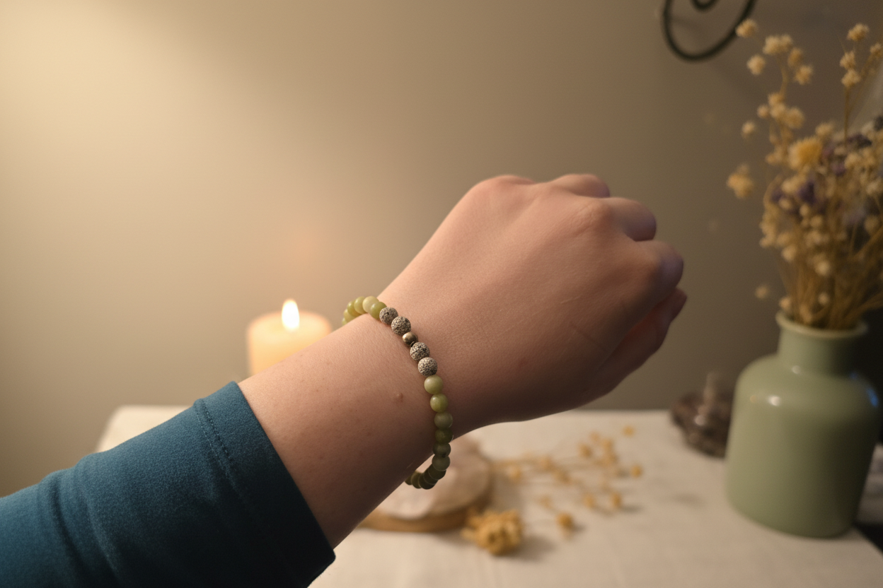 Woman’s wrist wearing the Stonecloak Bracelet by Jewellery by JN, with Canadian jade, grey volcanic rock, and a central sterling silver bead."